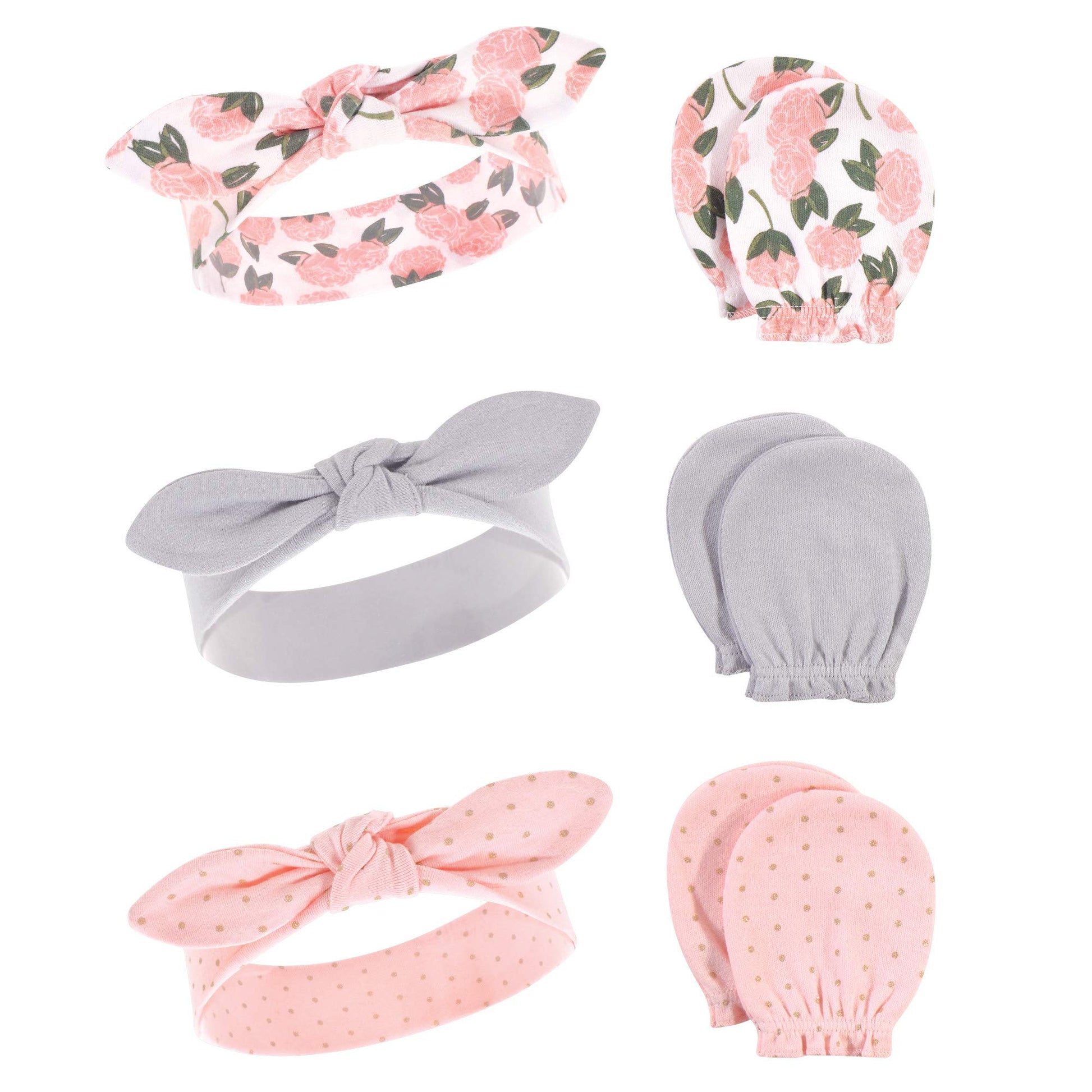 Hudson Baby Baby Girls Unisex Cotton Scratch Mitten Set Headband, Pink Peony, 0-6 Months Us