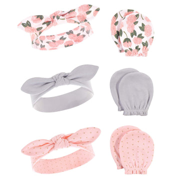 Hudson Baby Baby Girls Unisex Cotton Scratch Mitten Set Headband, Pink Peony, 0-6 Months Us