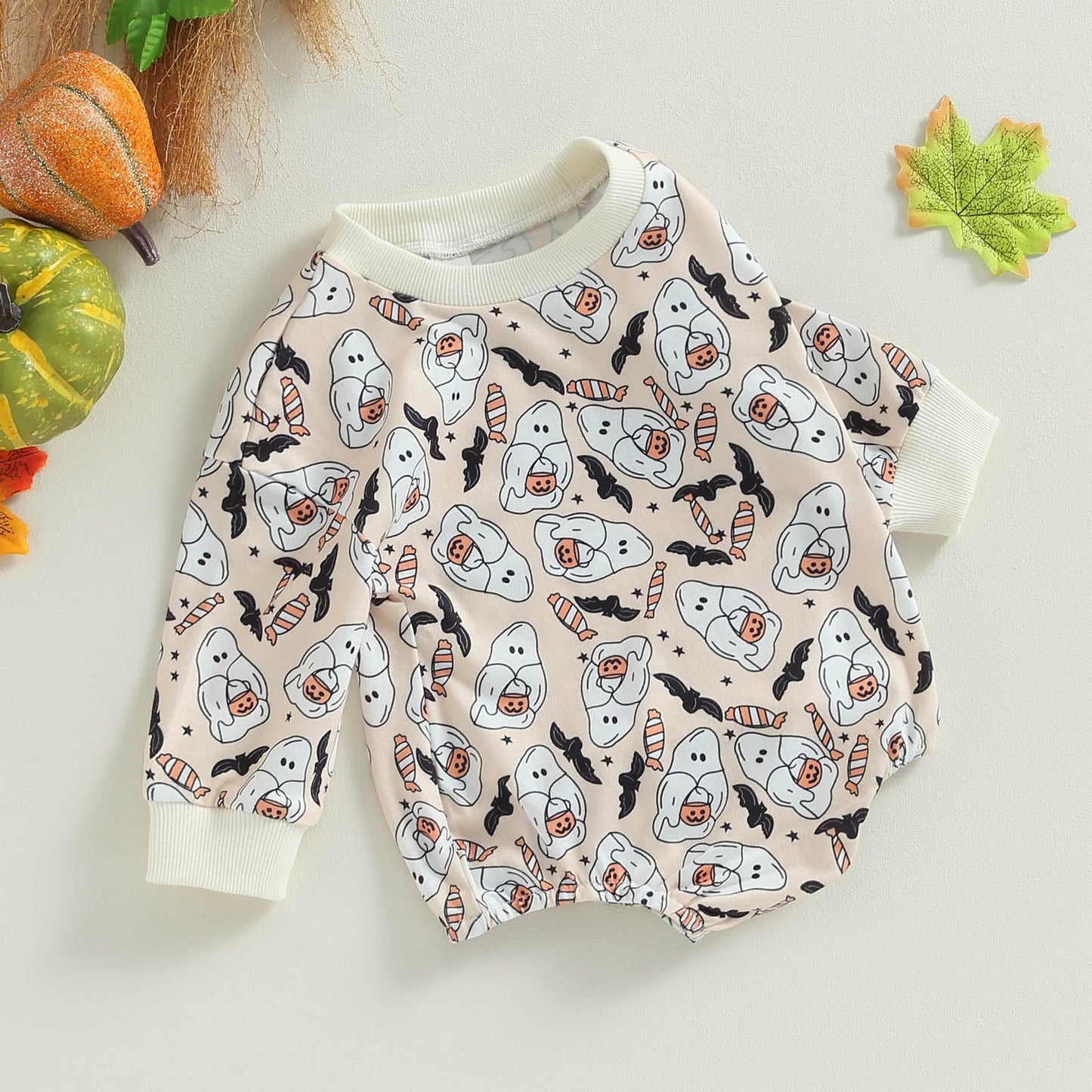 Halloween Newborn Baby Girl Outfit Pumpkin Sweatshirt Romper Long Sleeve Romper Jumpsuit Infant Fall Winter Clothes (Ghost, 3-6