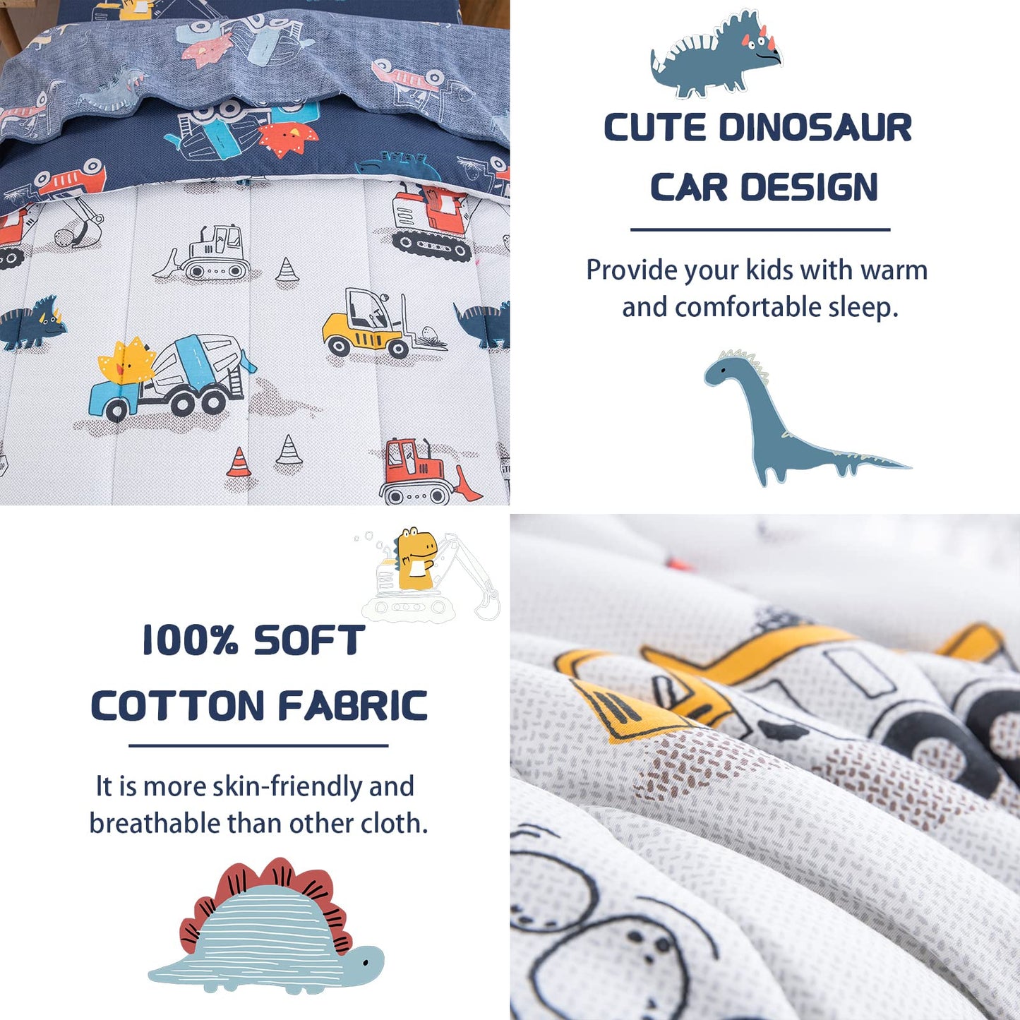 Djy 4 Pieces Cotton Toddler Bedding Set, Dinosaur Cars Reversible Toddler Bed Comforter Set For Kids Boys Girls, Includes Quilte