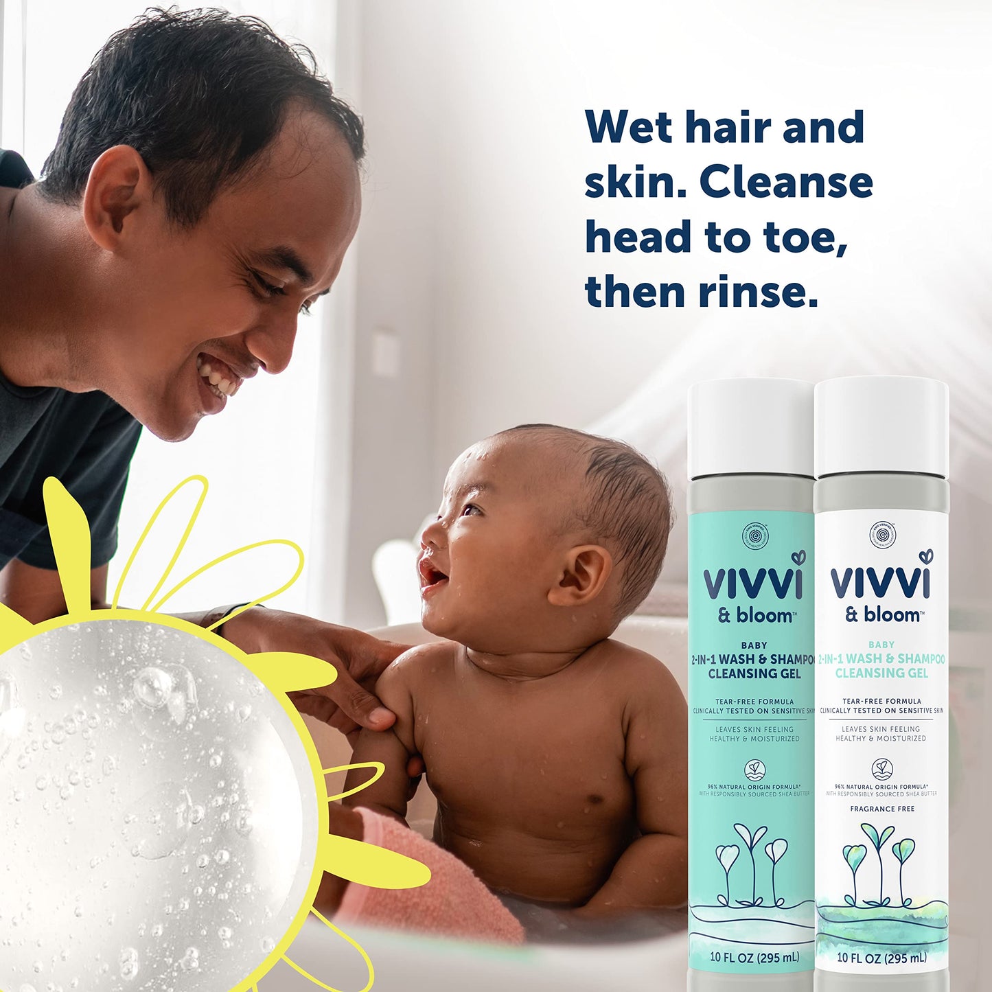 Vivvi & Bloom Gentle 2-In-1 Baby Wash & Shampoo Cleansing Gel, Leaves Sensitive Skin Feeling Healthy & Moisturized, Fragrance-Fr