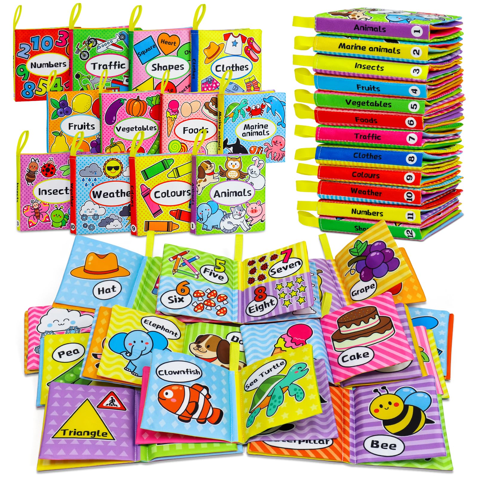 OKOOKO Soft Baby Books 12PCS Soft Cloth Books Bath Books Crinkle Washable Non-Toxic Early Education Preschool Learning Toy for N