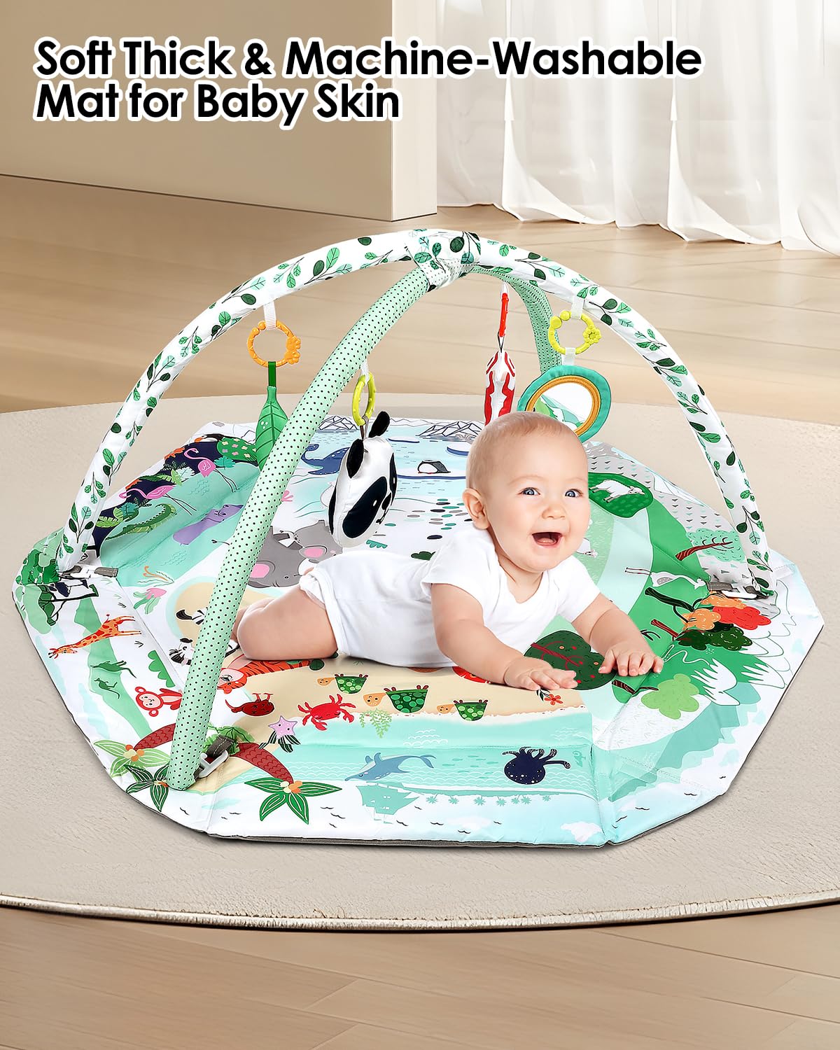 Dearlomum 4-In-1 Tummy Time Mat,Baby Activity Play Mat,Newborn Play Baby Mats For Floor With 6 Infant Learning Sensory Baby Toys