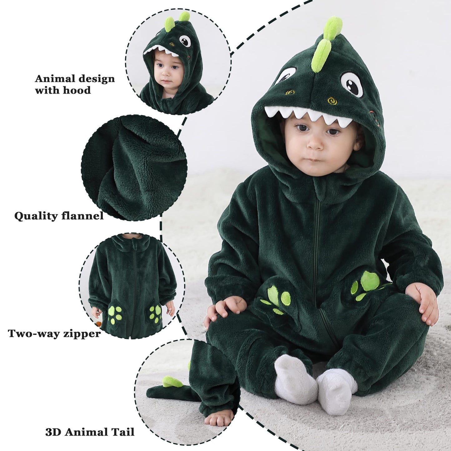 Tonwhar Infant And Toddler Halloween Cosplay Costume Kids' Animal Outfit Snowsuit(3-6 Months,Dark Green Dinosaur)