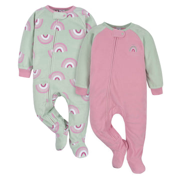 Gerber Baby Girls Toddler Loose Fit Flame Resistant Fleece Footed Pajamas 2-Pack Rainbow Green 4T