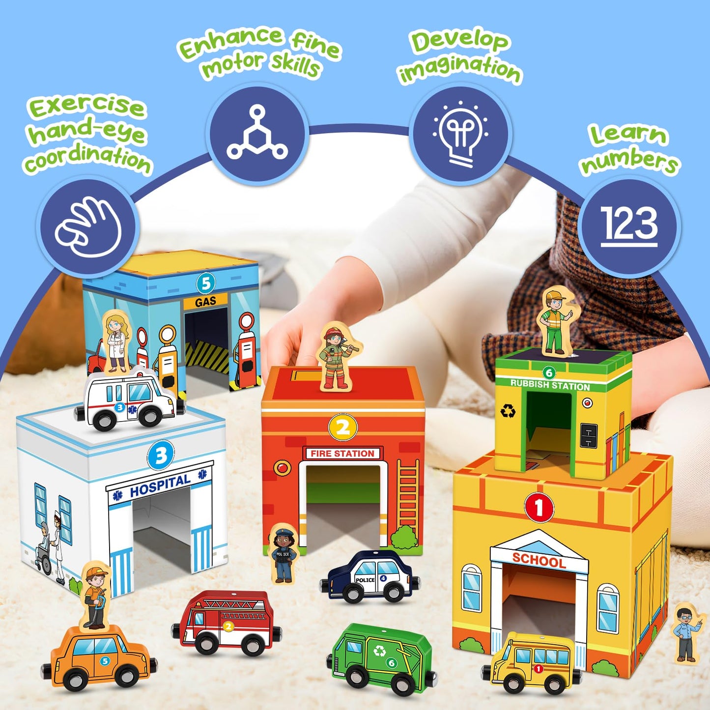 Aizweb Magnetic Wooden Vehicle Stacking Set,Sorting & Building STEM Blocks Cars Toys for Toddlers,Cardboard Educational Preschoo