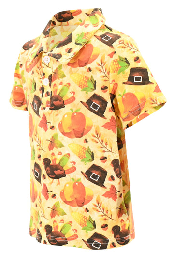 Boys Pumpkin Turkey Print Thanksgiving Collared Polo T Shirt (12Y, Orange)
