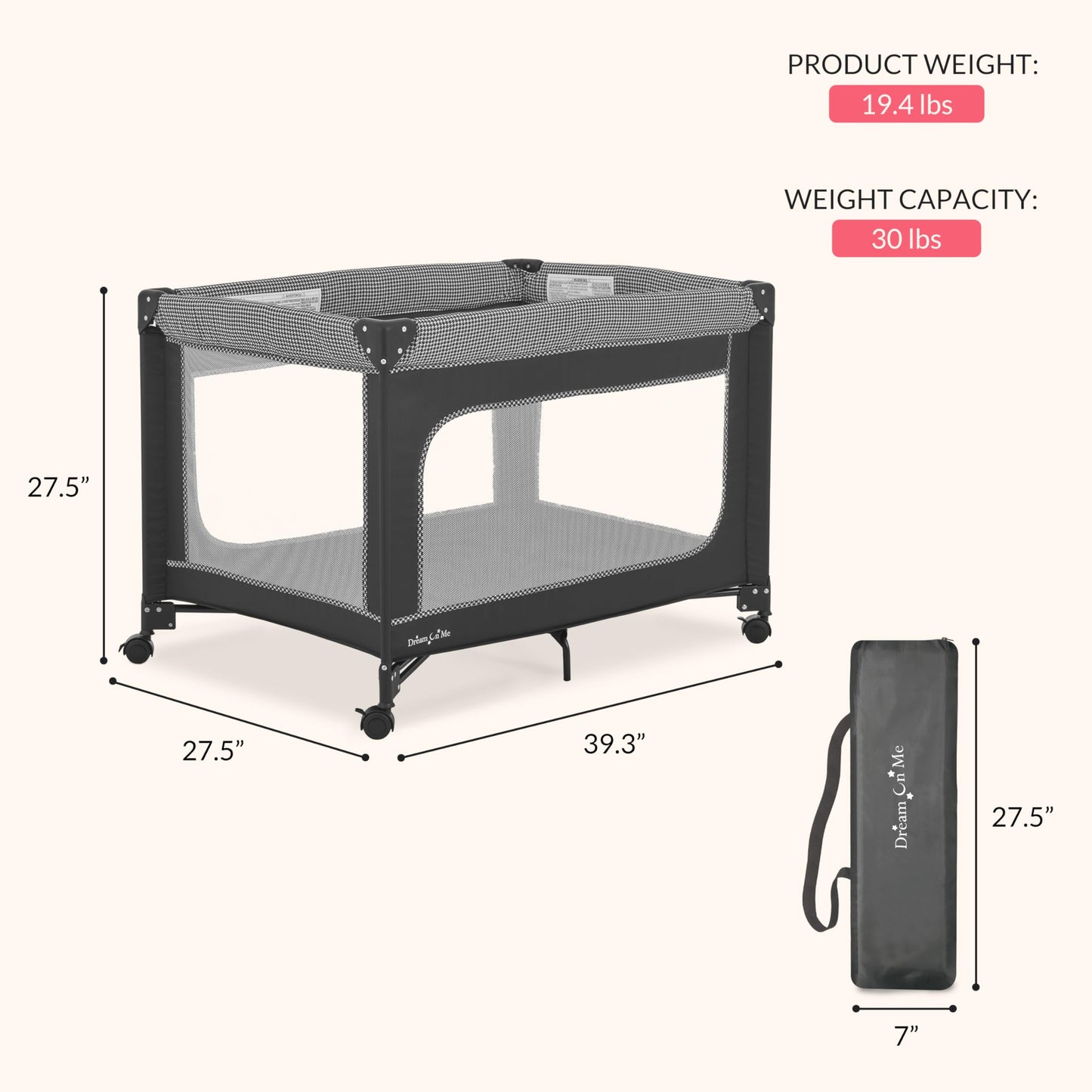 Dream On Me EZGo Portable Playard in Black & White, Compact Easy to Fold and Travel Baby Playard, Breathable Mesh Sides, Carry B