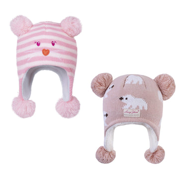 Langzhen Toddler Kids Infant Winter Hat,Earflap Knit Warm Cap Fleece Lined Beanie For Baby Boys Girls (Bear -Pink Stripe+Polar B
