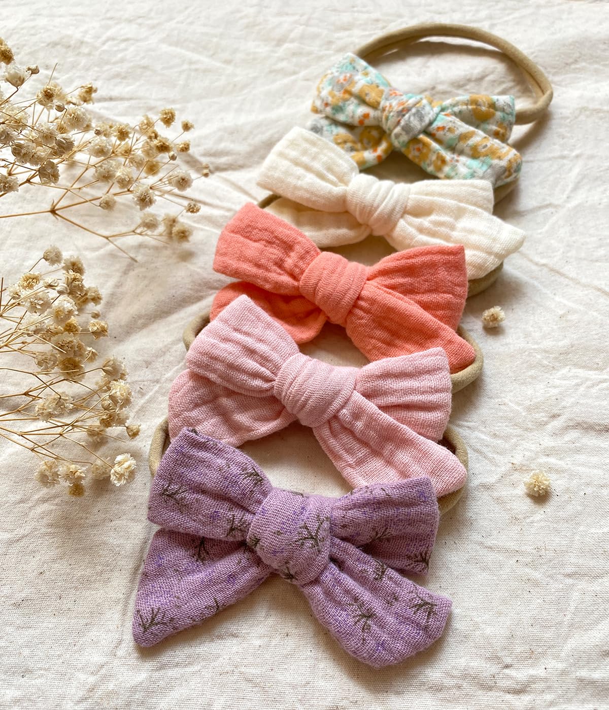 Cherssy Baby Muslin Hair Bows And Headbands, 10Pcs Soft Nylon Hairbands For Newborn, Infants, Toddlers
