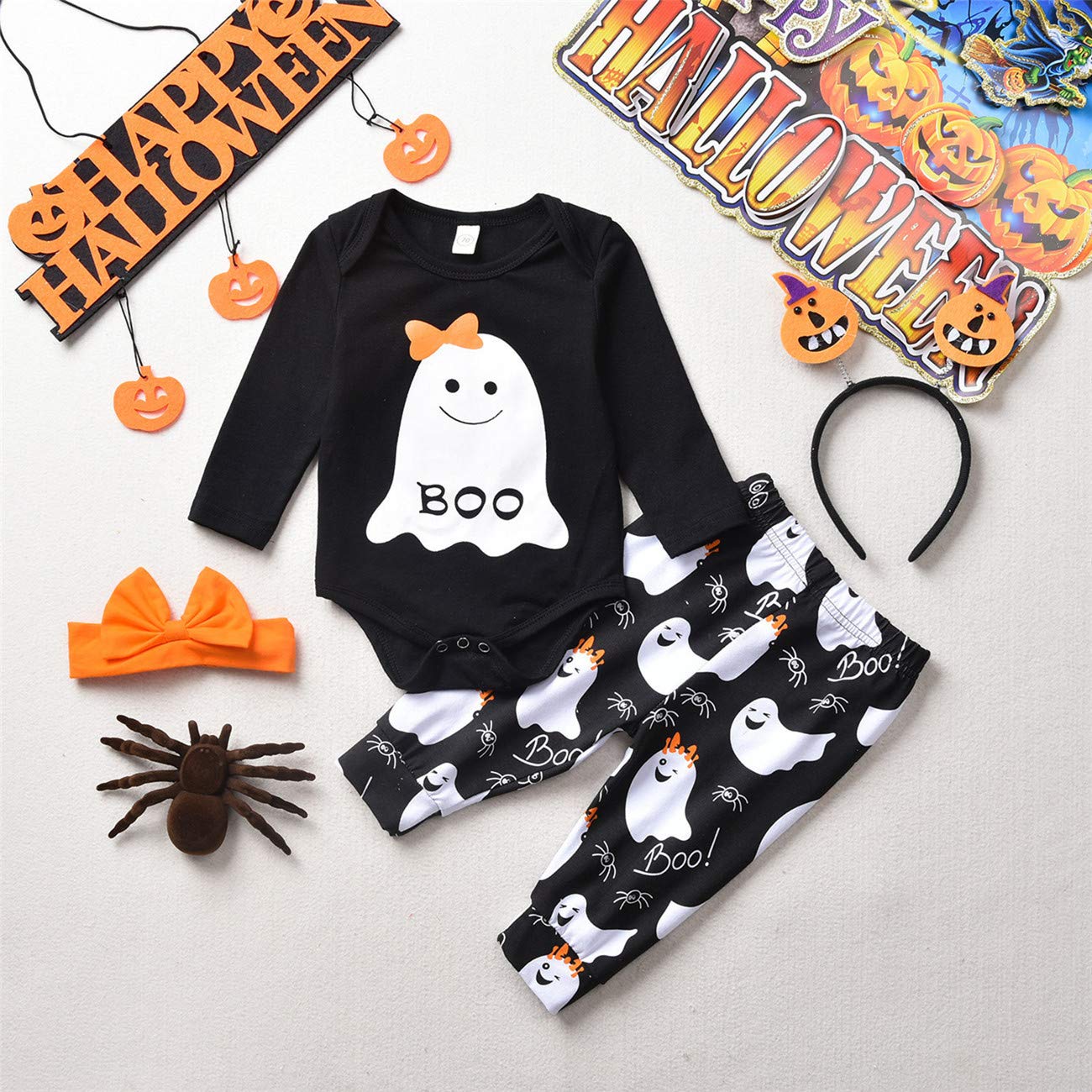 Hiha Baby Halloween Outfits Toddler Girls Boys One Piece Romper Ghost Pants Headband Halloween Clothes 3Pcs (Girls, 0-3Months)