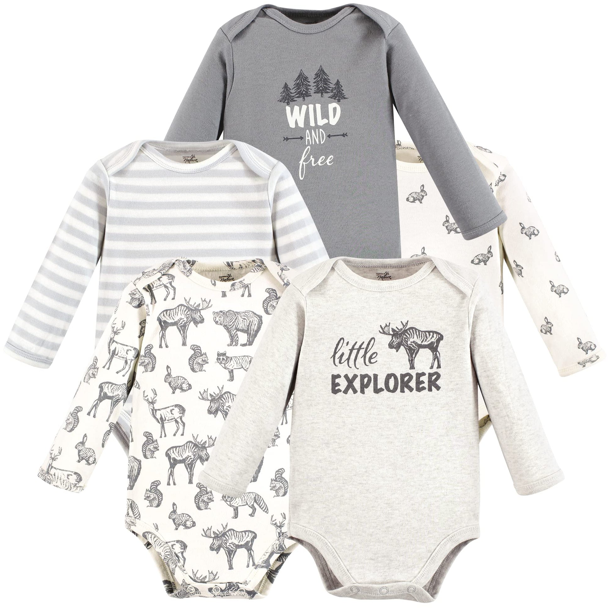 Touched By Nature Unisex Baby Organic Cotton Long-Sleeve Bodysuits, Neutral Woodland, 6-9 Months