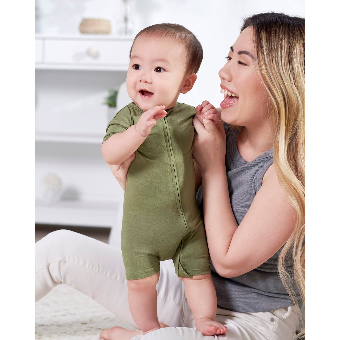Gerber Unisex Baby Buttery-Soft Short Sleeve With Viscose Made Eucalyptus Romper, Moss, 6-9 Months Us