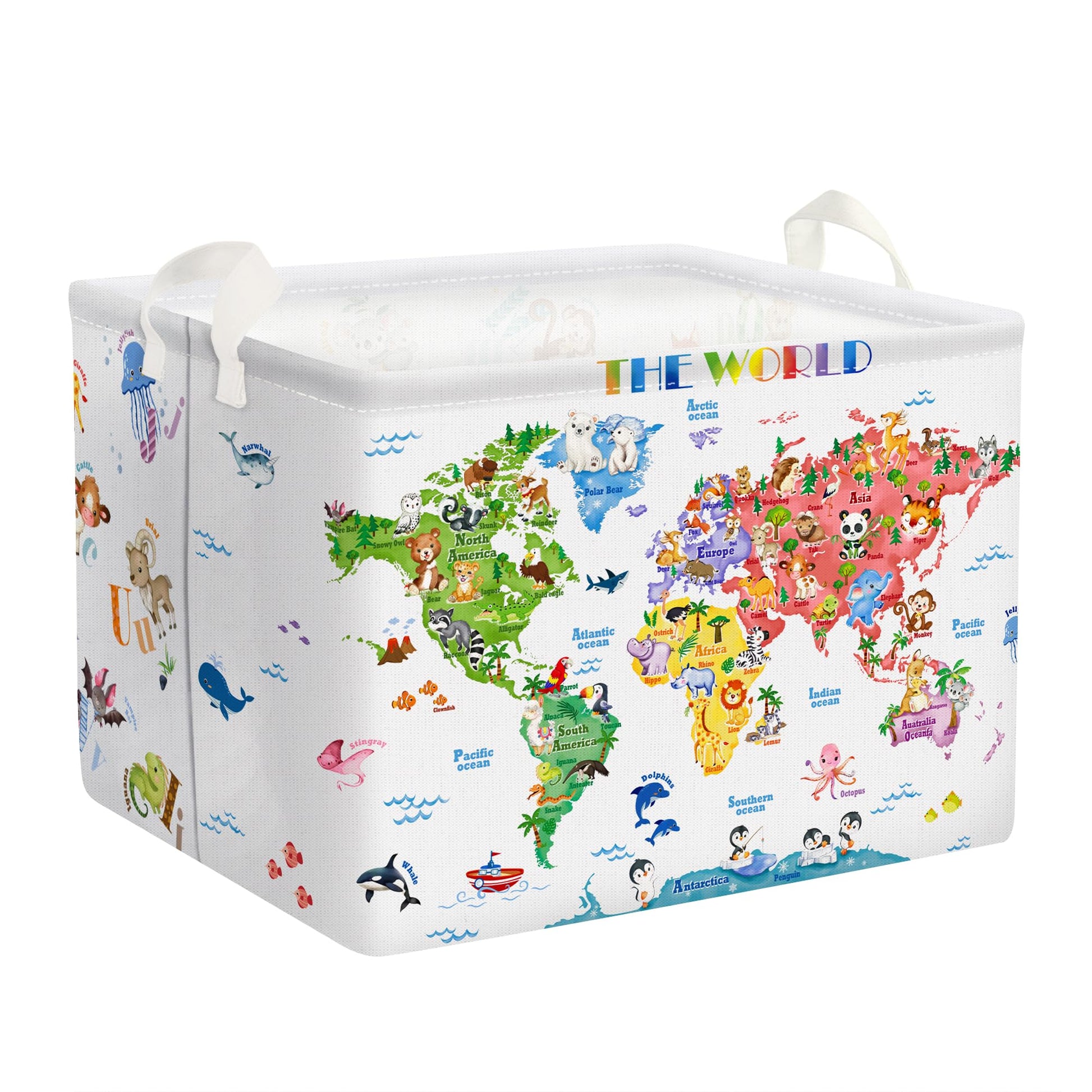 Clastyle Back To School World Map Storage Bin Alphabet Animals Baby Gift Basket Playroom Nursery Kid Toy Basket Organizer Rectan