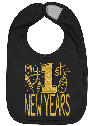 Aiden'S Corner Cute Handmade Holiday Baby 1St New Year Bibs - Infant Boy Girl Gold Flake My First New Years Bib (Black)