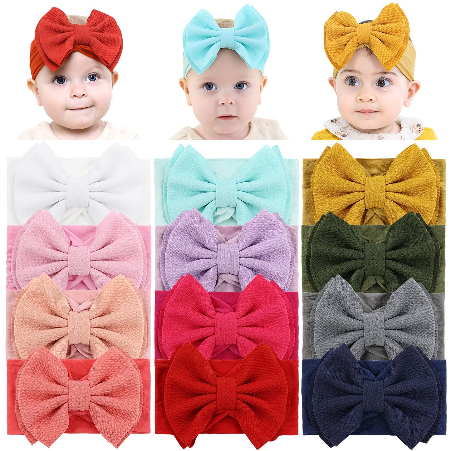 Cinaci 12 Pack Super Stretchy Nylon Headbands With Big Bow Hair Accessories Wide Headwraps For Baby Girls Infants Toddlers Kids