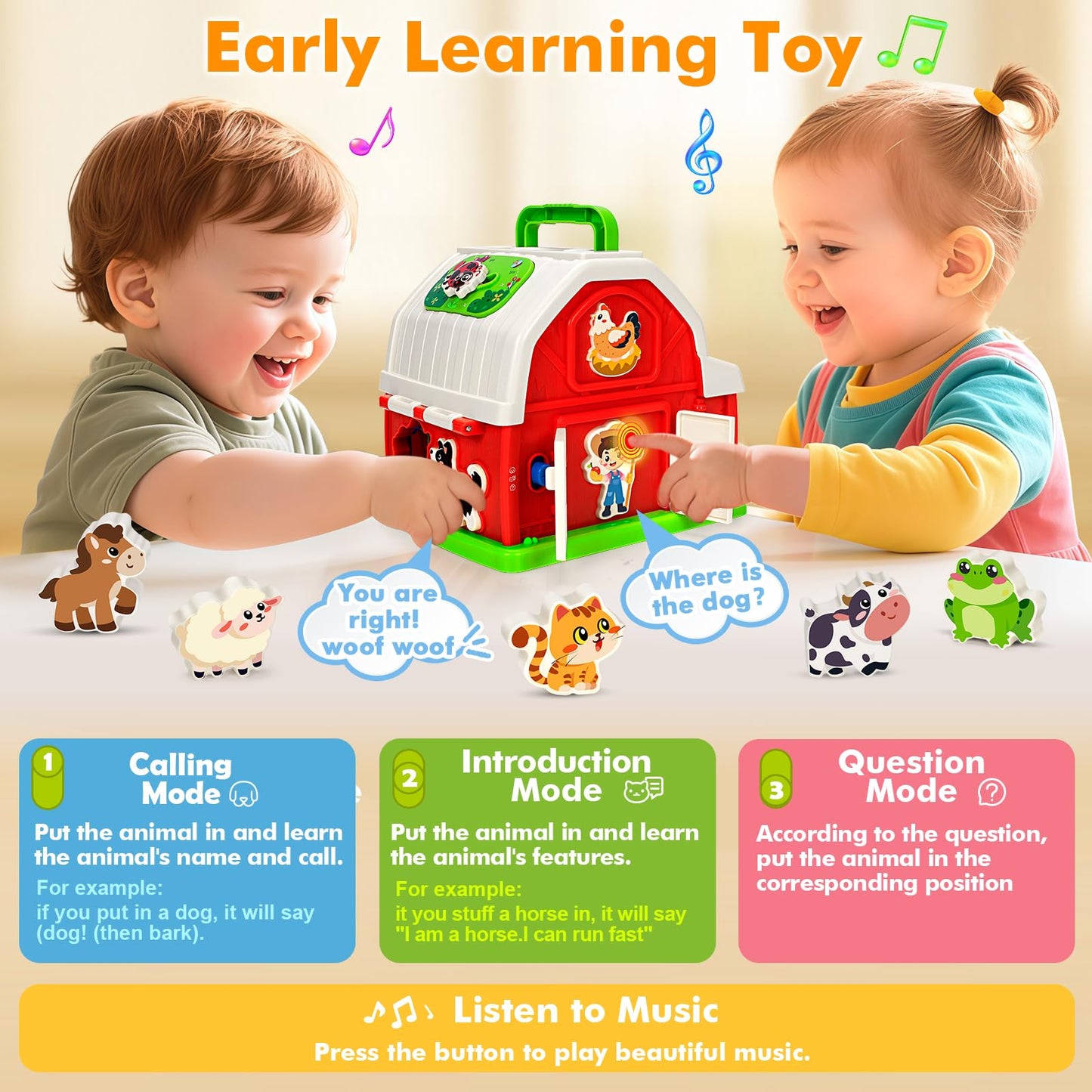Montessori Toddler Toys for 1 2 3 Year Old Boys Girls, Musical Farm Animals Barn Toy with Sound & Light, Learning Toys for Toddl