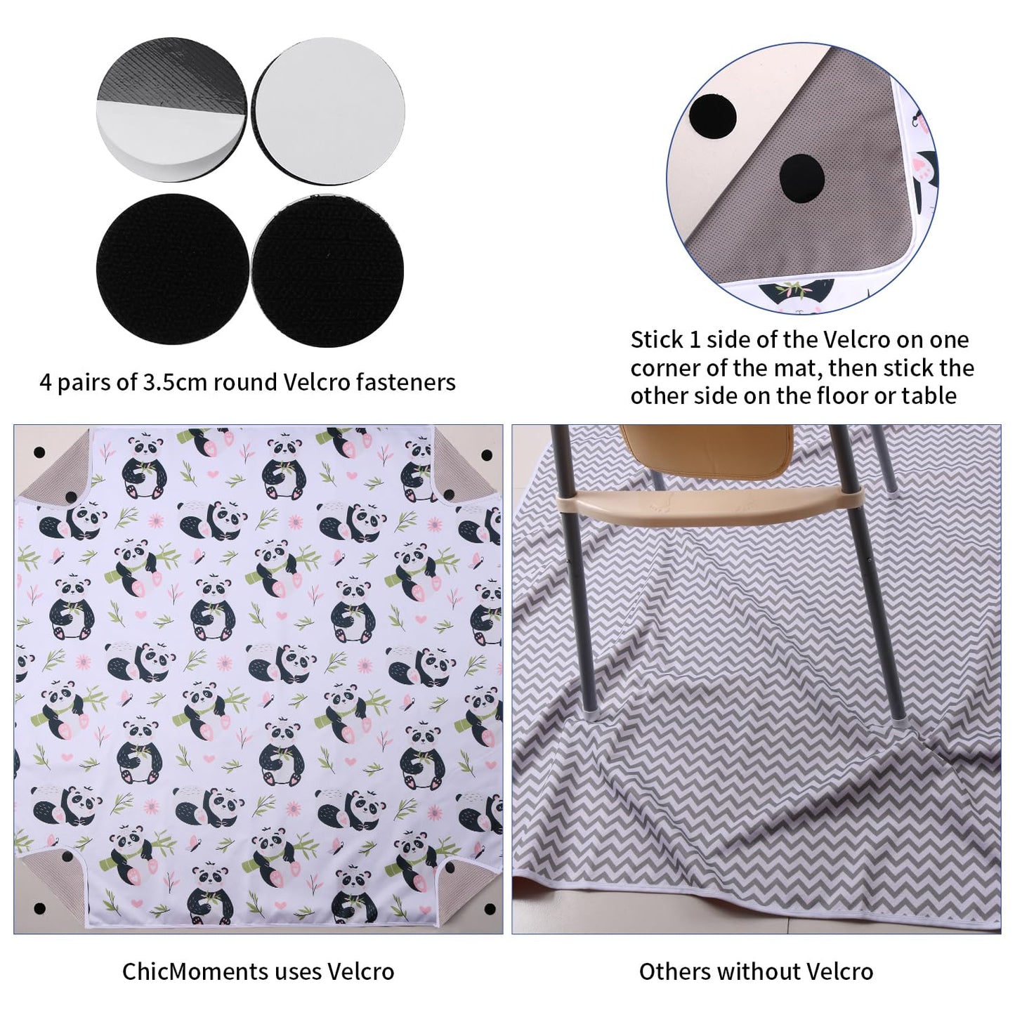 Chicmoments 59'' Huge Toddlers' Highchair Splat Mat, Panda Non-Slip Baby Place Mat, Kids' Leakproof Splash Spill Floor Mat With