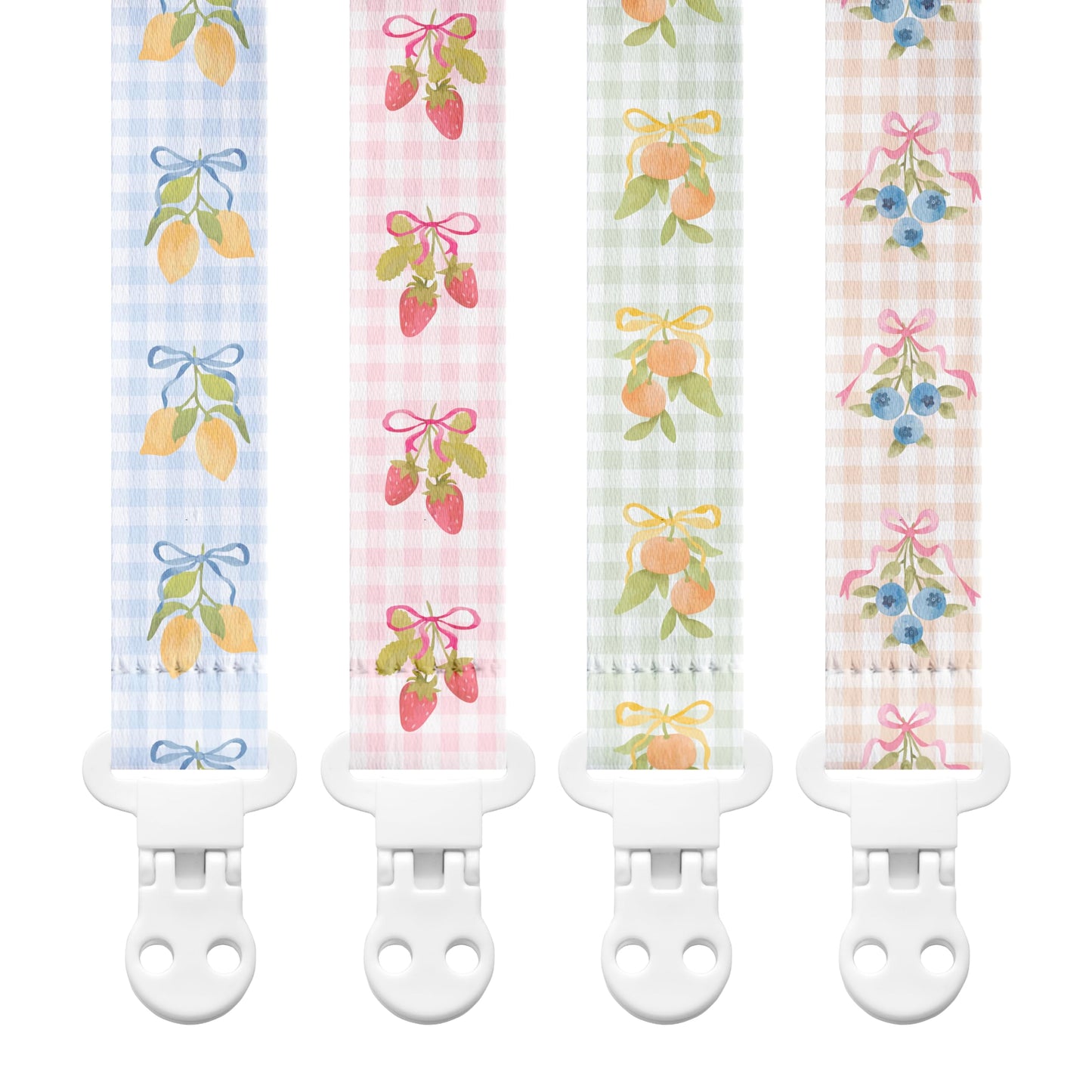 Stadela Baby Fabric Pacifier Clip Holder, Plastic Clip, 4-Pack, Fruits Pattern, Clementine Set