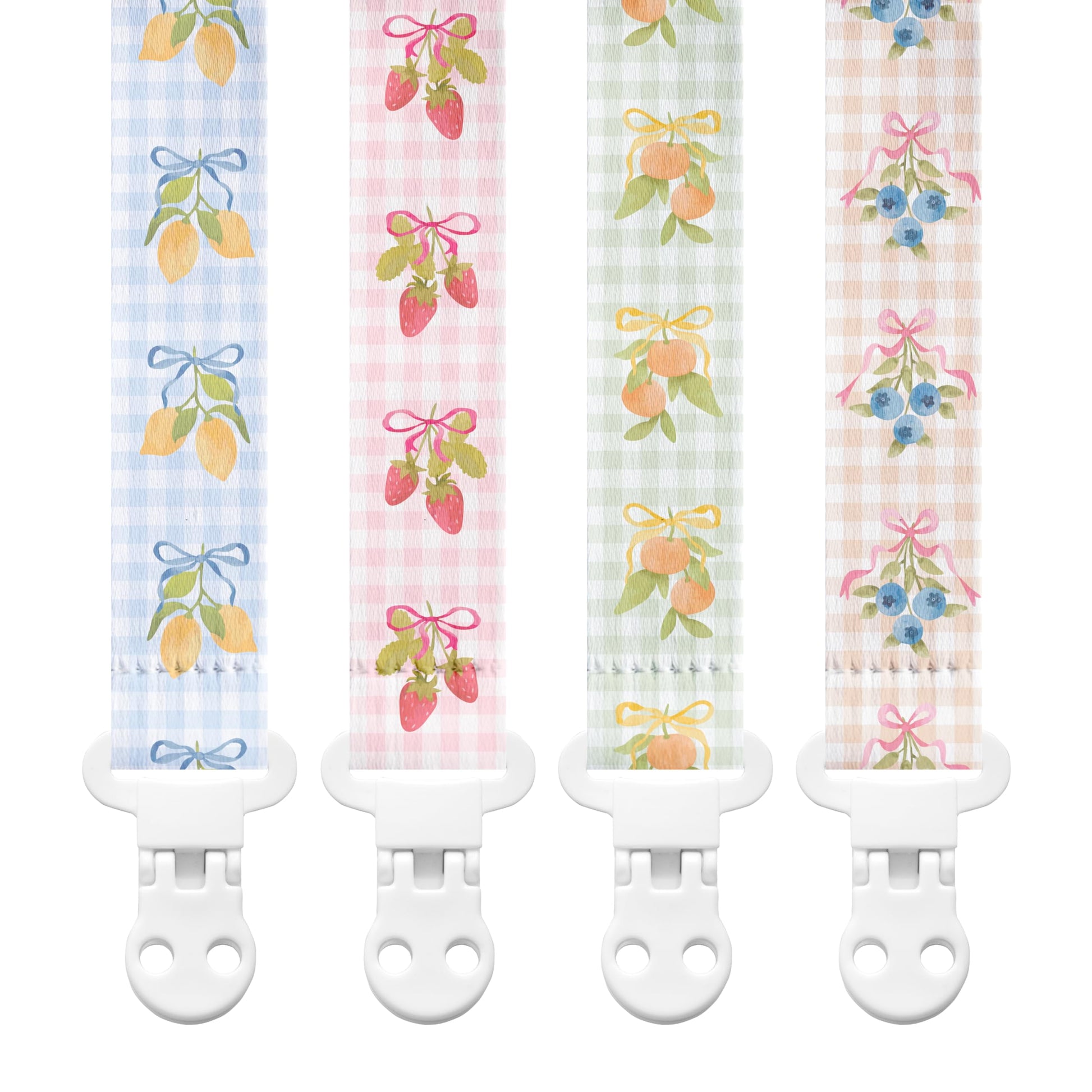 Stadela Baby Fabric Pacifier Clip Holder, Plastic Clip, 4-Pack, Fruits Pattern, Clementine Set