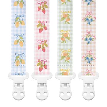 Stadela Baby Fabric Pacifier Clip Holder, Plastic Clip, 4-Pack, Fruits Pattern, Clementine Set