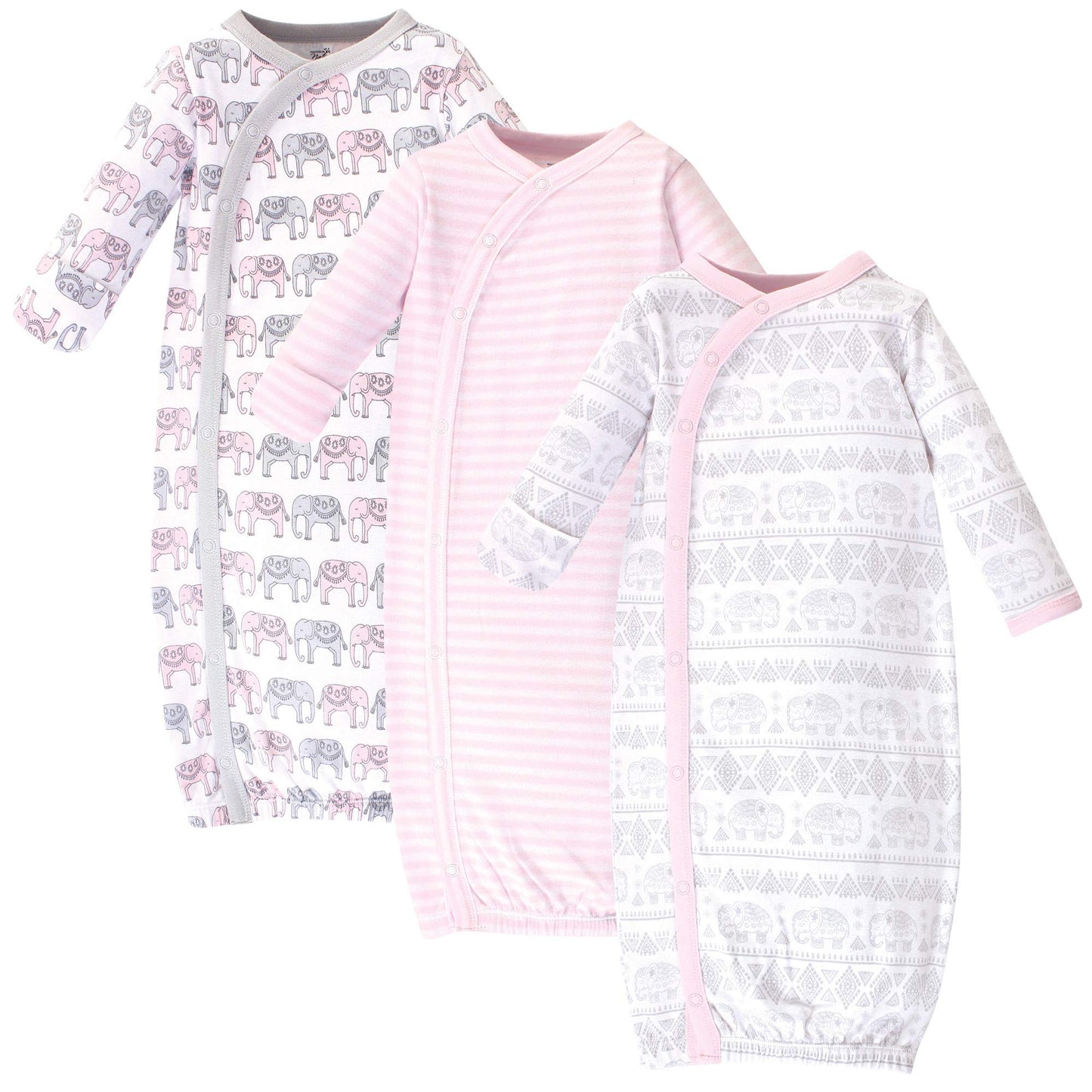 Touched By Nature Baby Girls Organic Cotton Kimono Nightgown, Pink Gray Elephant, 0-6 Months Us