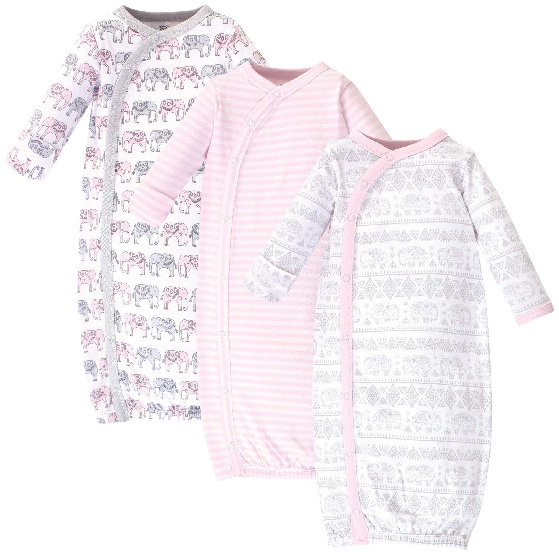 Touched By Nature Baby Girls Organic Cotton Kimono Nightgown, Pink Gray Elephant, 0-6 Months Us