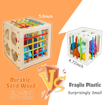 HELLOWOOD Montessori Toys for 1+ Year Old, Wooden Sorter Cube with 8pcs Rattling Shapes, Developmental Learning Toy Gifts for Ba