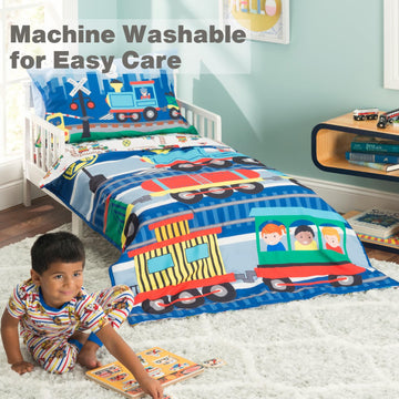 Everyday Kids 4 Piece Toddler Bedding Set -Choo Choo Train- Includes Comforter, Flat Sheet, Fitted Sheet And Reversible Pillowca
