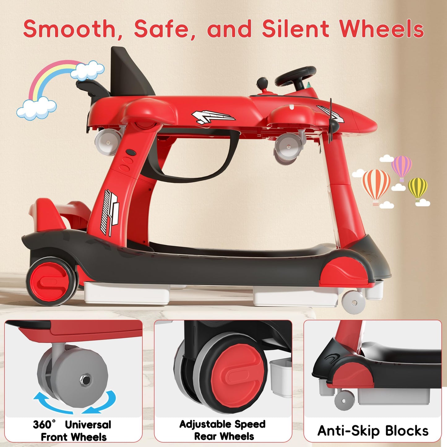 Betterhood 6-In-1 Foldable Baby Walker With Adjustable Height & Speed, Airplane-Themed Activity Push Walker With Music & Lights,