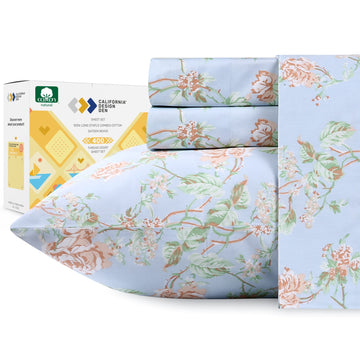 California Design Den Floral Sheets For California King Size Bed, 4 Piece 100 Cotton Sheets Set, Luxury 400 Thread Count Sateen,