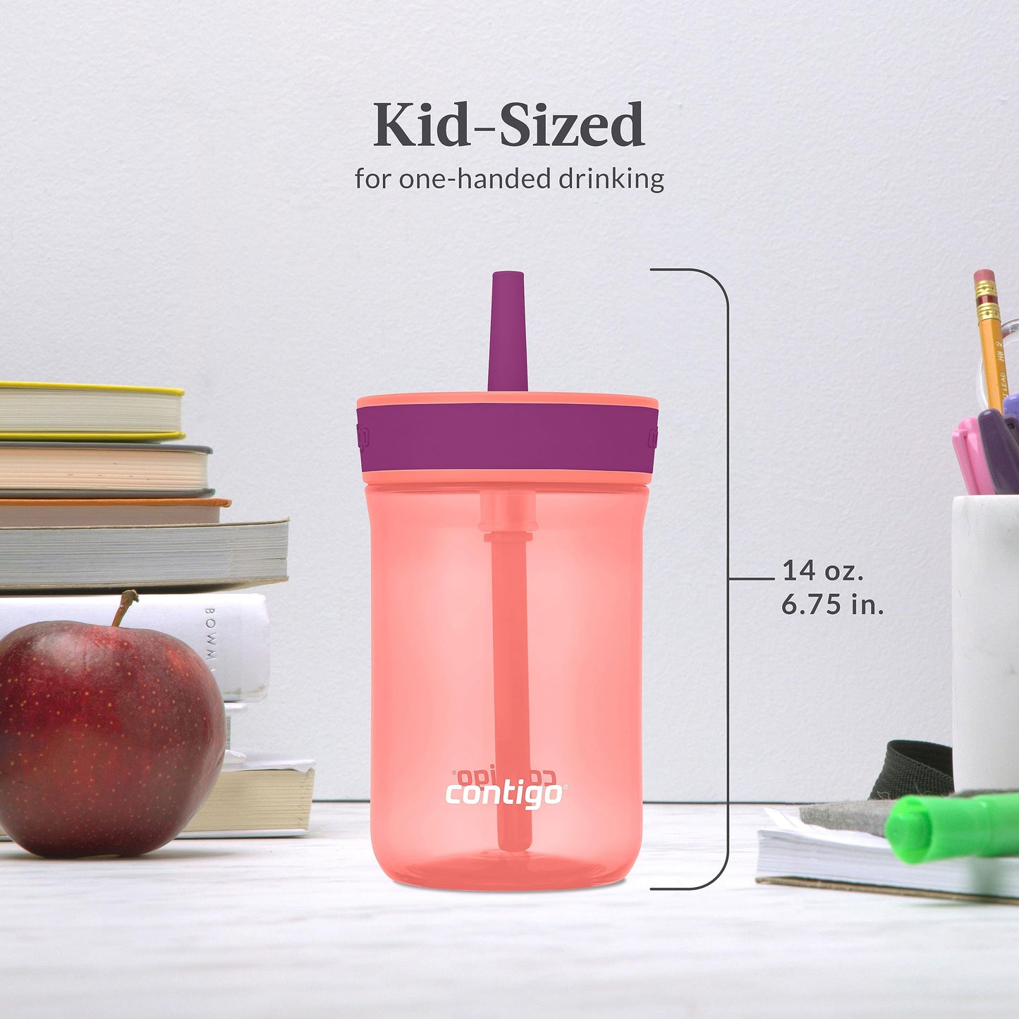 Contigo Kids Leighton Straw Tumbler With Spill-Proof Leak-Proof Lid, 14Oz, Coral/Grape