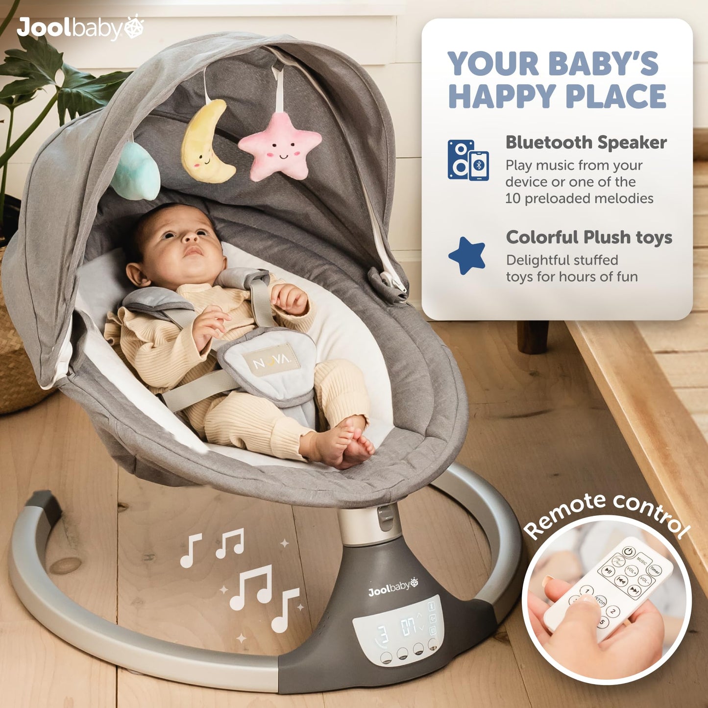 Nova Baby Swing For Newborns - Electric Motorized Infant Swing, Bluetooth Music, 10 Preset Melodies, Remote (2024 Model) - Jool