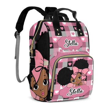Personalized Diaper Bag Backpack for Women, Pink Black Checked Heart Pattern Bow Girl Custom Name Nursing Mommy Daypack, Diaper 