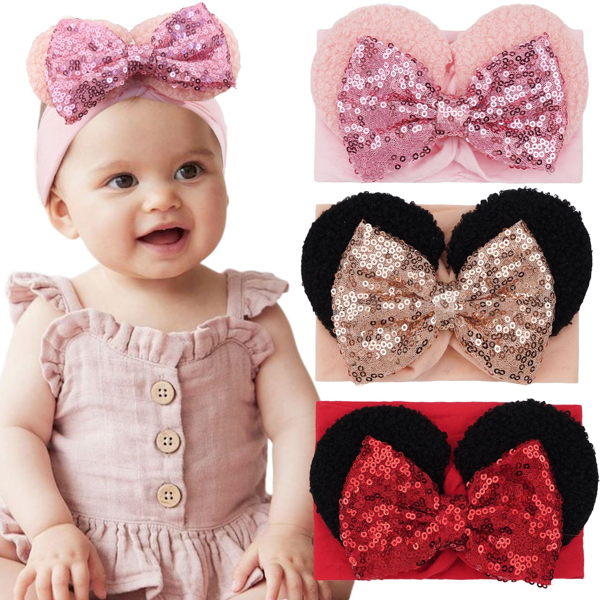 3Pcs Baby Girl Mouse Ears Headbands With Sequin Bow, 4.5Inches Wide Nylon Turban Hairband, Theme Park Headwear, Hair Bow Headban