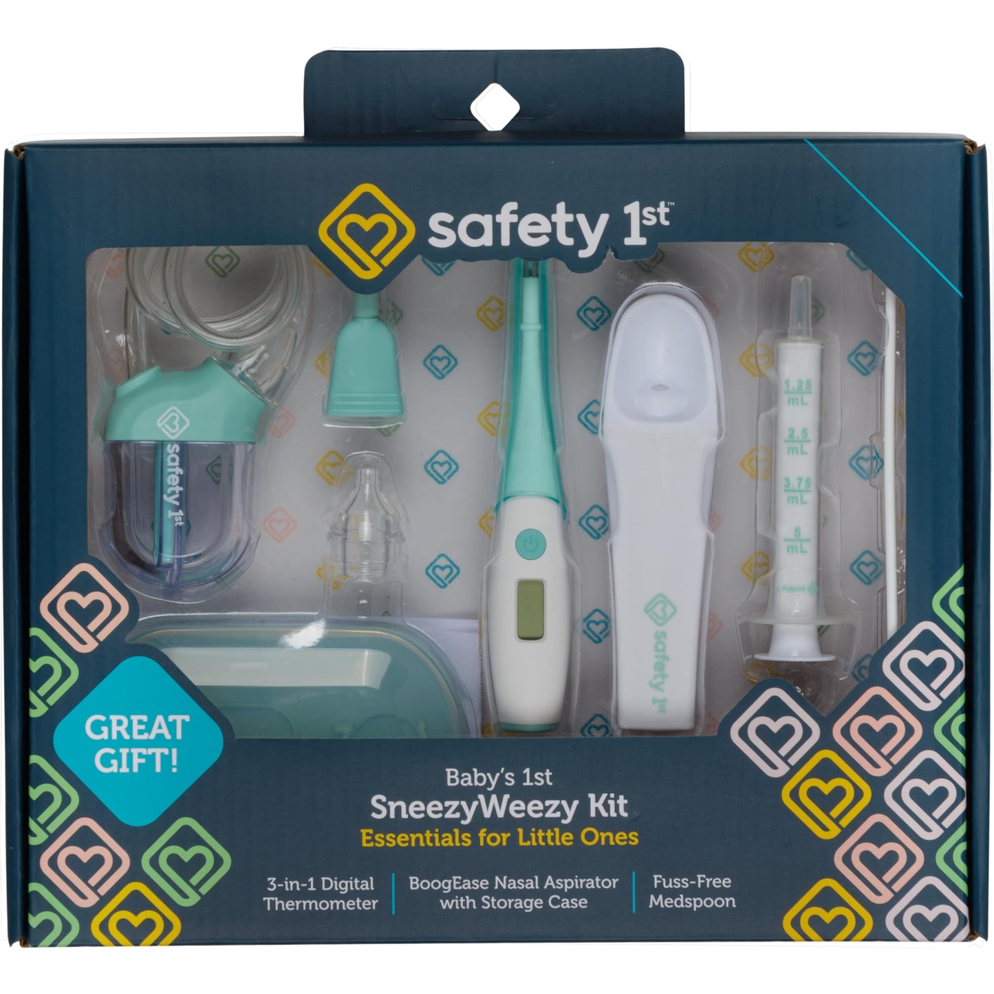 Safety 1st Babys 1st SneezyWeezy Kit, BoogEase Nasal Aspirator, 3-in-1 Digital Thermometer, Fuss Free Medspoon, Infant Healthcar