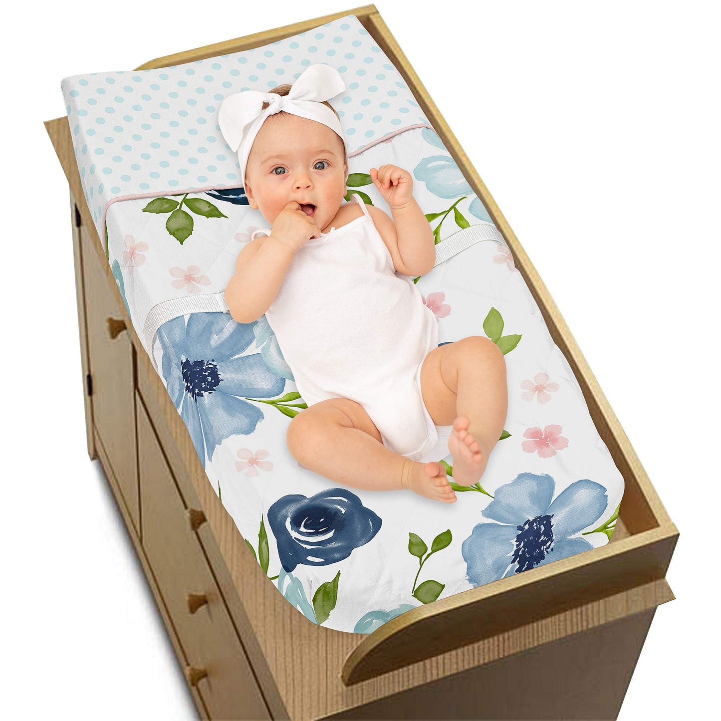 Sweet Jojo Designs Navy Blue And Pink Watercolor Floral Girl Baby Nursery Changing Pad Cover - Blush, Green And White Shabby Chi