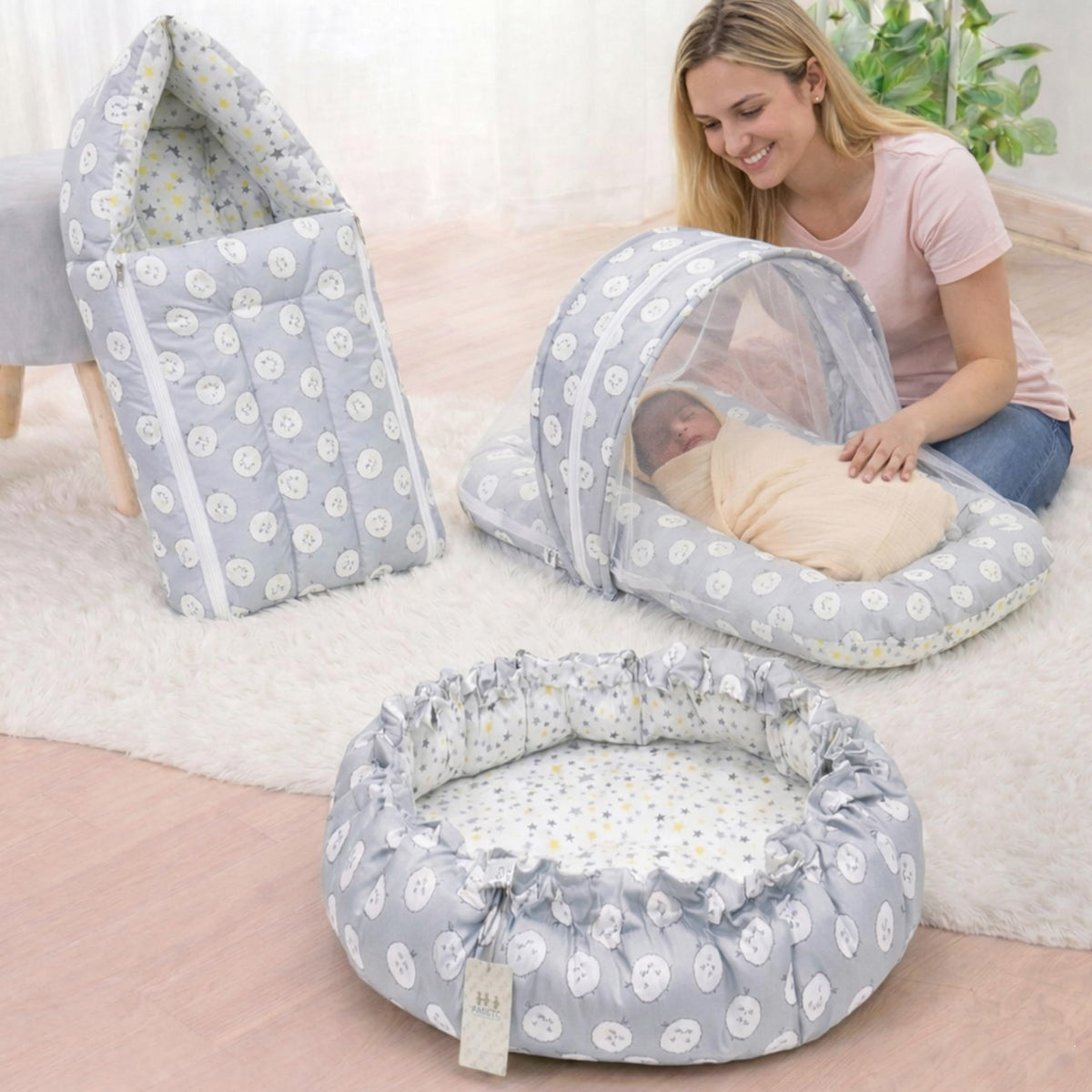 Infantbond Baby Essential Reversible Nest | Mattress With Net | Carry Bag(06 Months) (Nest Set(Gray Sheep))