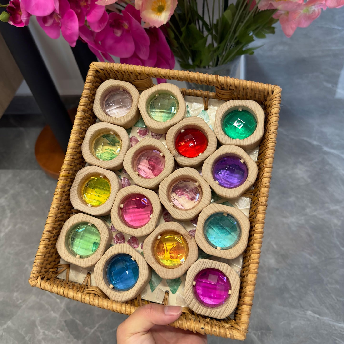KOAICS 20PCS Wooden Gem Blocks Stacking Toys,Colorful Acrylic Windows Blocks, Rainbow Crystal Acrylic Building Cubes Educational