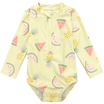 Gerber Girls' Toddler Long Sleeve One Piece Rashguard Swimsuit, Yellow Fruit
