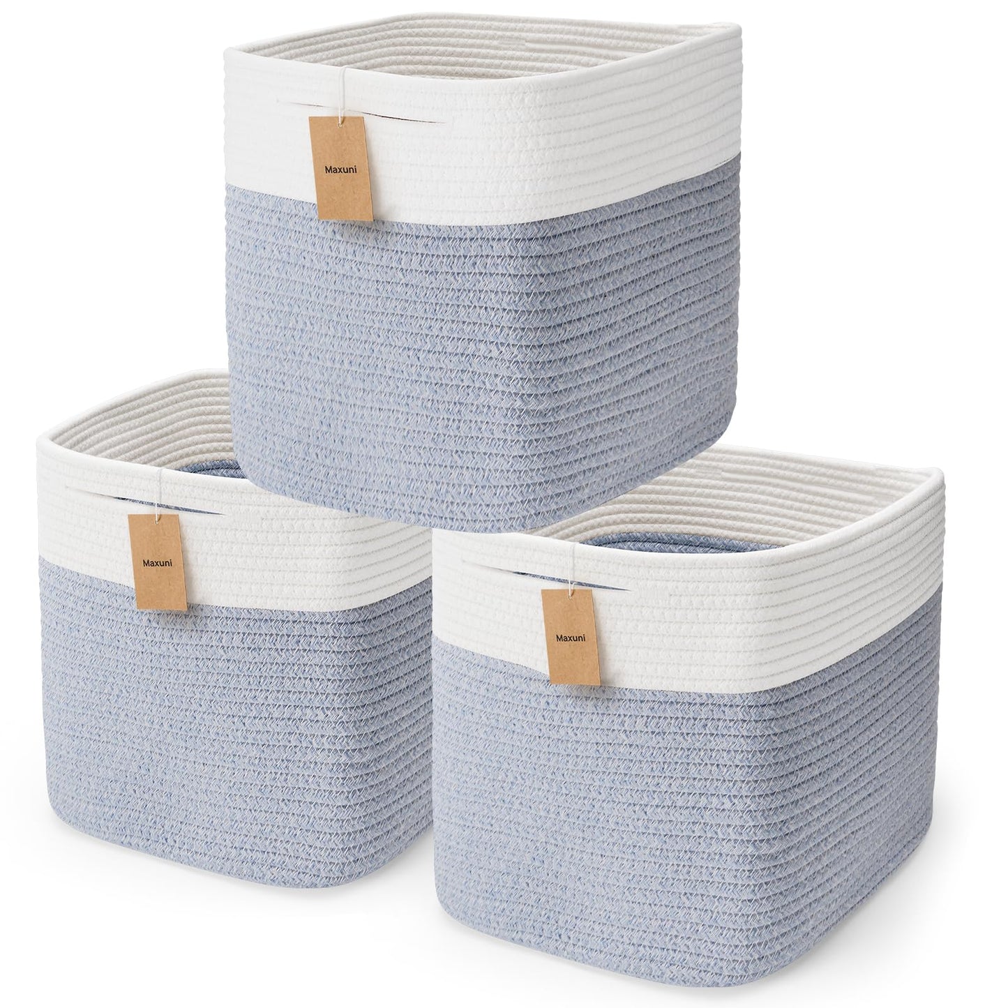 Maxuni Storage Cubes 11 Inch Storage Bins-3Pack, Cotton Rope Woven Baskets for Organizing, Baskets for Gifts Empty, Square Stora