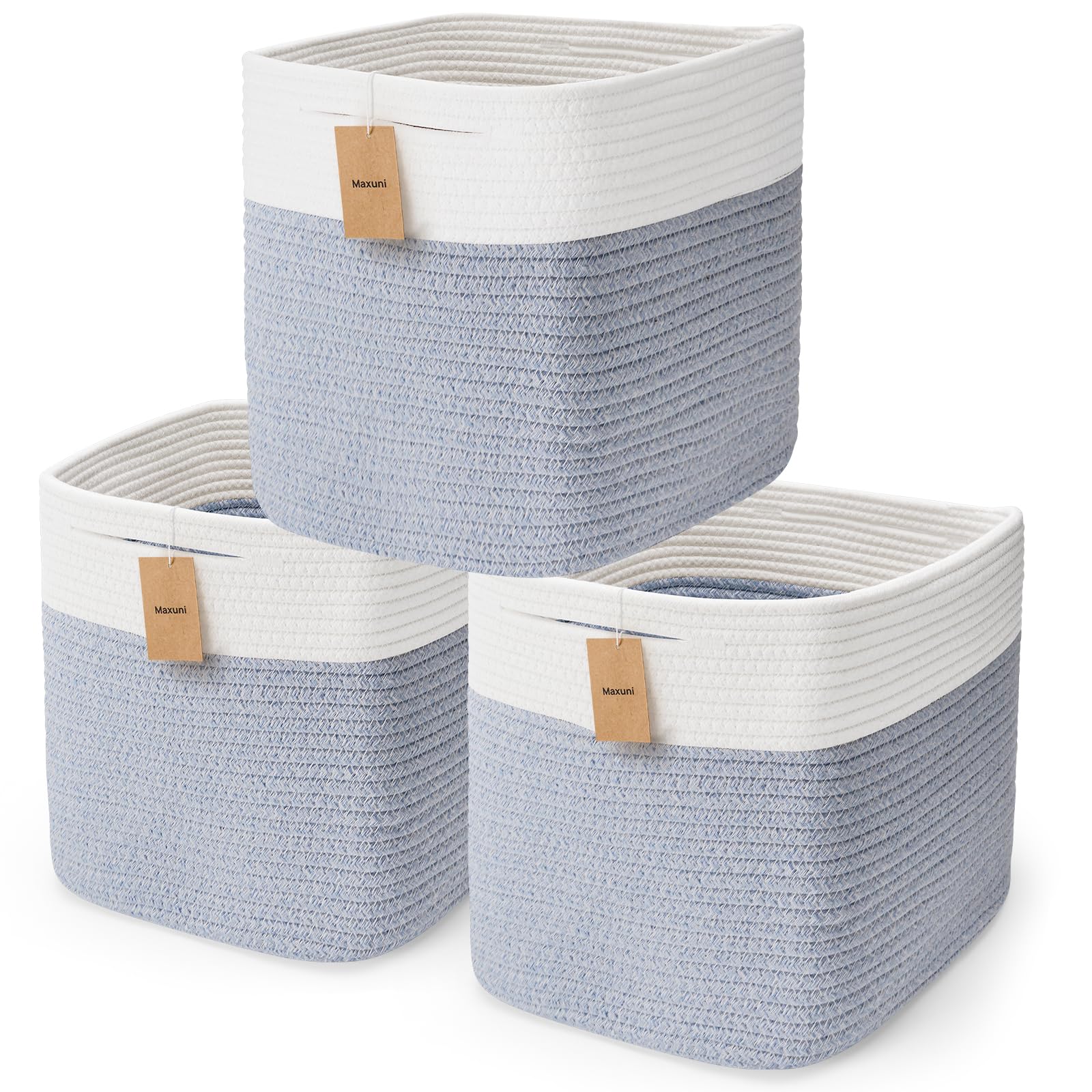Maxuni Storage Cubes 11 Inch Storage Bins-3Pack, Cotton Rope Woven Baskets for Organizing, Baskets for Gifts Empty, Square Stora