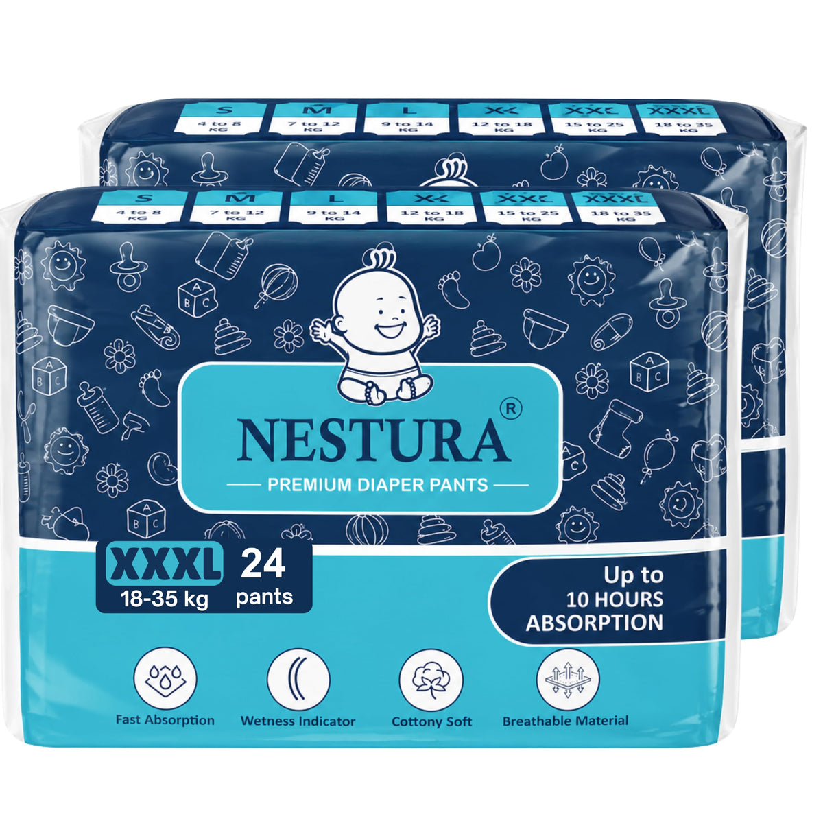 Nestura Baby Diapers Pants 3Xl (Xxxl) Size (1835 Kg), 48 Diapers | Pack Of 2 | Up To 10 Hrs Protection
