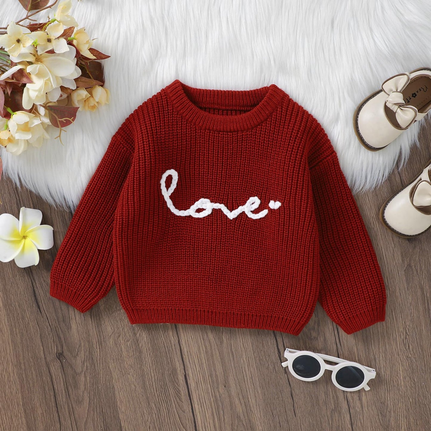 Baby Girl Cute Long Sleeve Crew Neck Love Embroidery Sweater Toddler Valentine Day Outfits (Red Love, 9-12 Months)