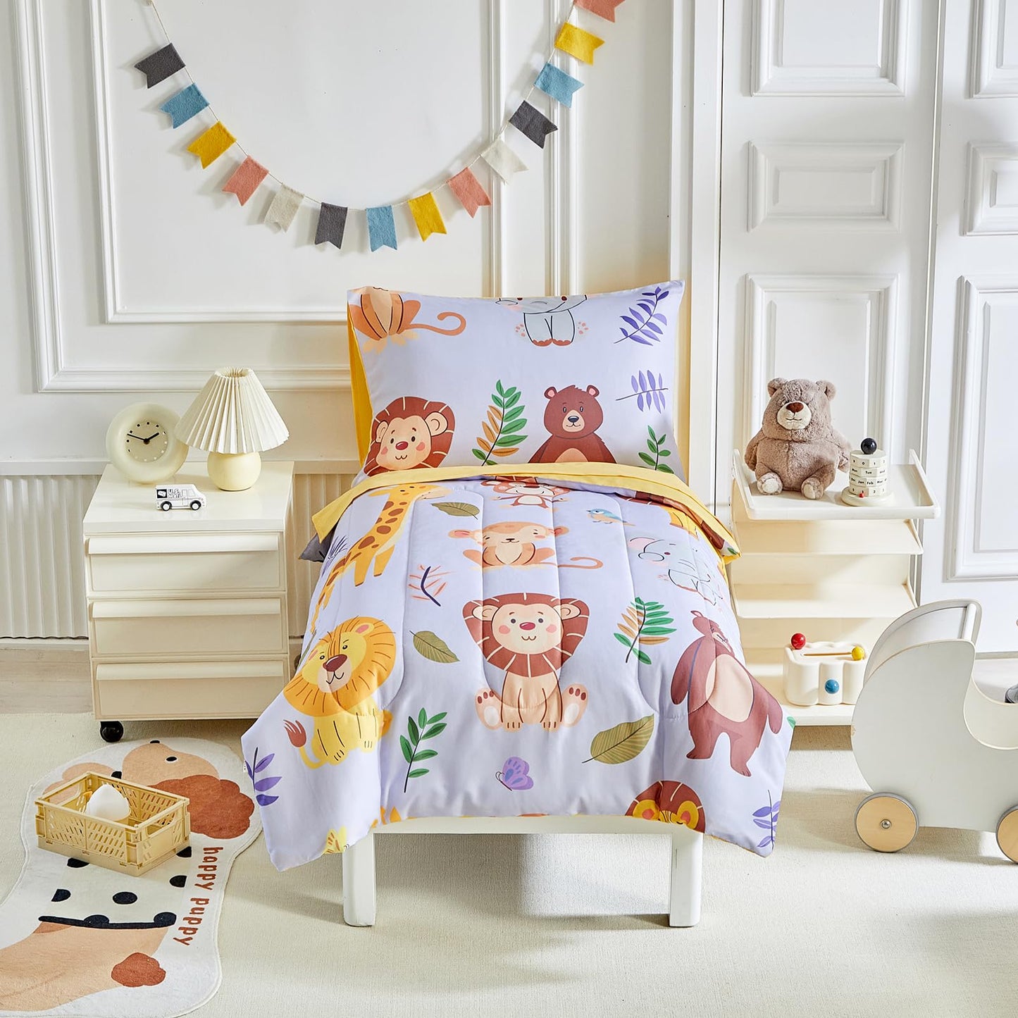 Joyreap 4 Piece Toddler Bedding Set- Cartoon Zoo Theme Animals Purple Design, Microfiber Toddler Bedding Comforter Set For Kids