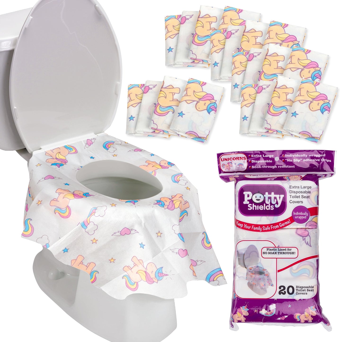 Potty Shields Toilet Seat Covers Disposable (20 pk, Unicorns) - XL Waterproof Toilet Cover for Toddlers, Kids & Adults - Portabl