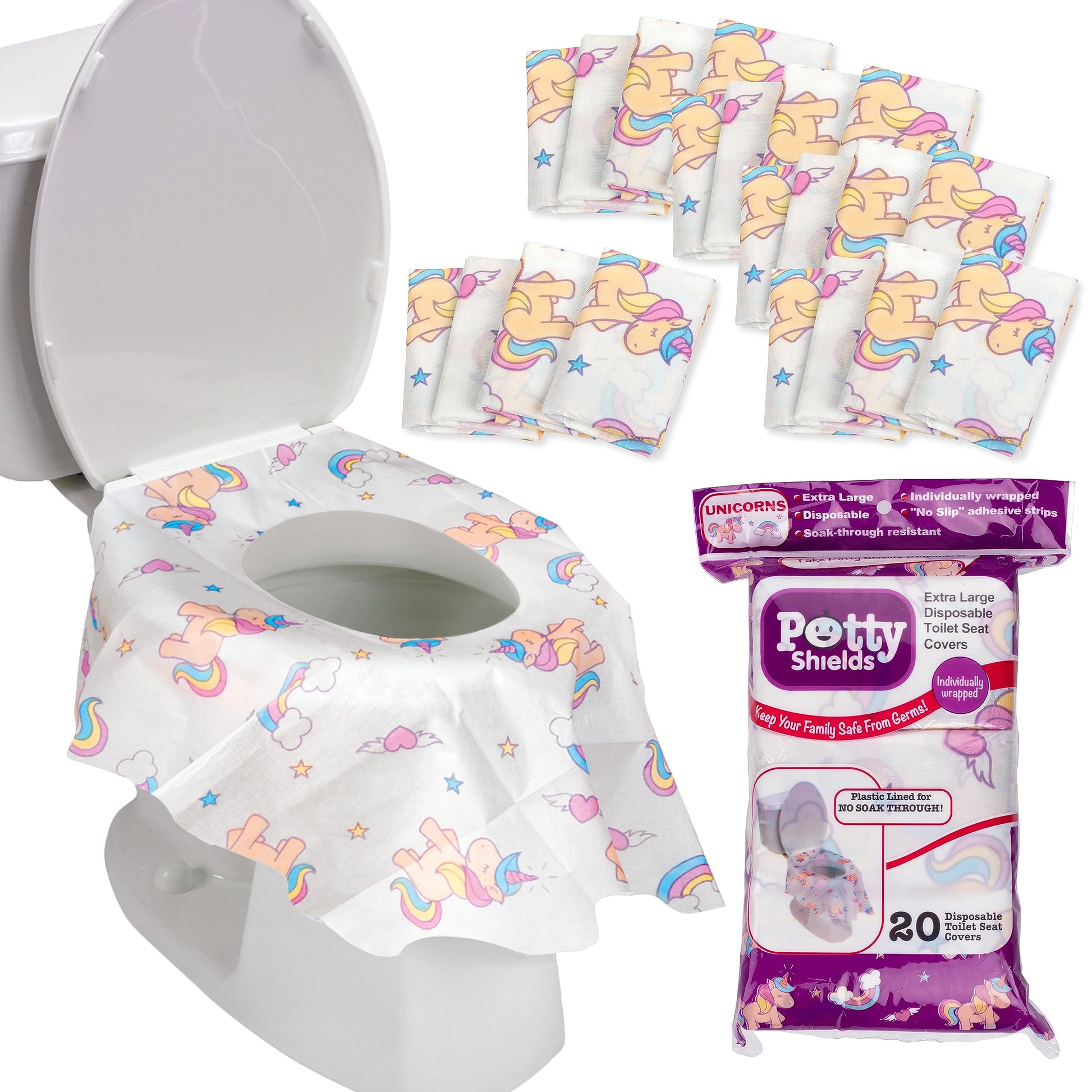Potty Shields Toilet Seat Covers Disposable (20 pk, Unicorns) - XL Waterproof Toilet Cover for Toddlers, Kids & Adults - Portabl