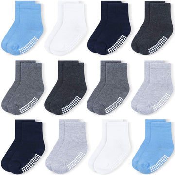 Jakidar 12 Pairs Baby Socks Cotton Crew Toddler Socks Grips Non Slip Bottom Kids Socks, Blue 6-12M