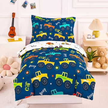 Perfemet Navy Blue Car Print Toddler Comforter Set, 4 Pieces Toddler Beeding Sets For Boys, Soft Reversible Kids Bed Set, Fluffy