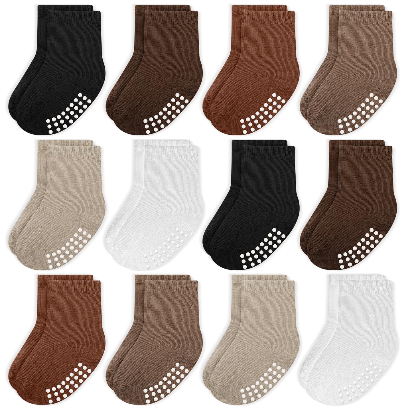 Jakidar 12 Pack Baby Socks Cotton Crew Toddler Socks Grips Non Slip Bottom Kids Socks, Khaki Dark Brown Latte Color 2-4T